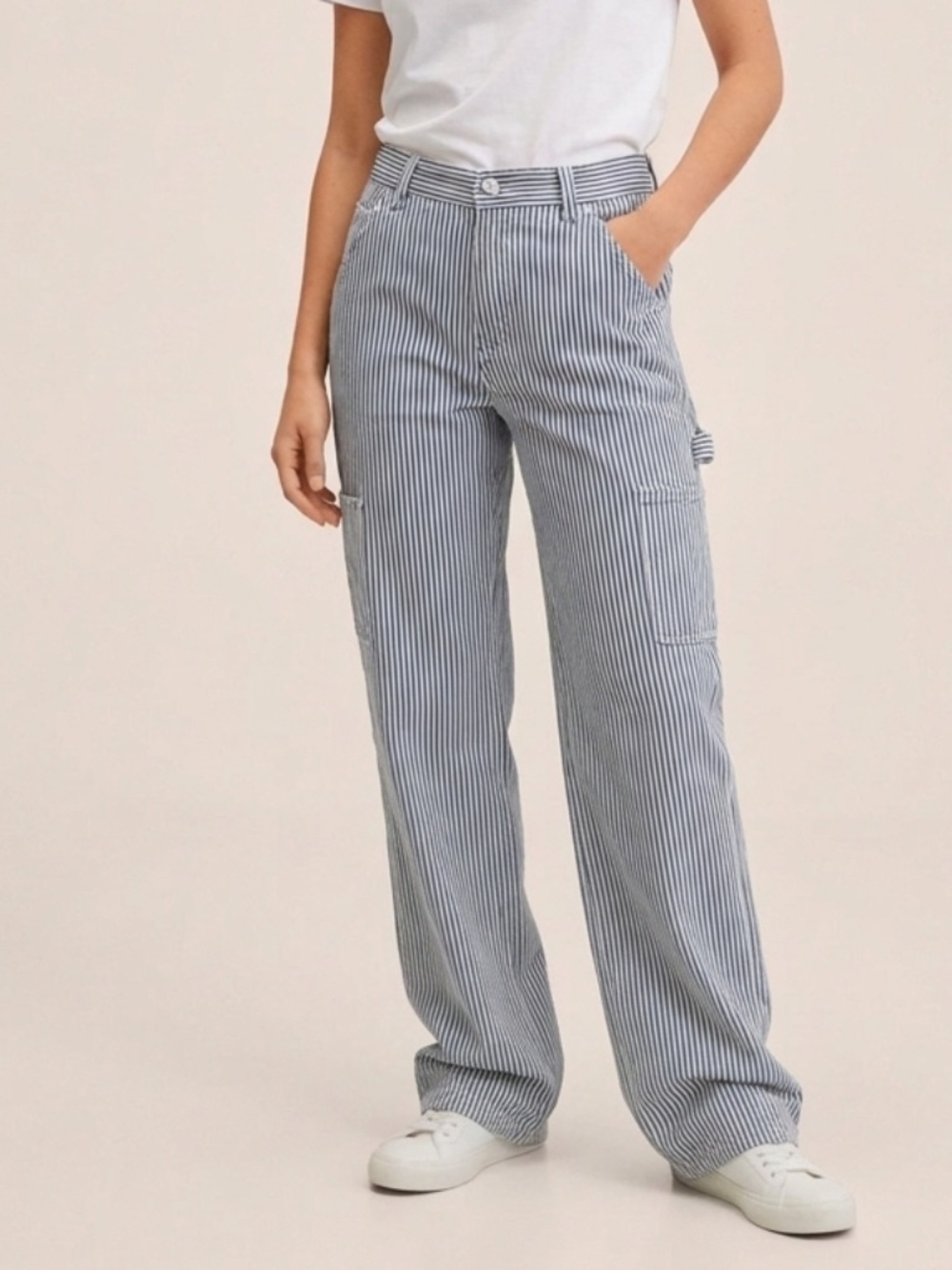 Mango MNG Hickory Stripe Carpenter Utility Pants Straight Leg Sz 6 / EUR 38